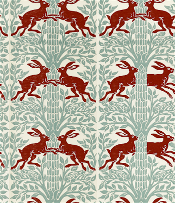 Symmetrical Block Print Design with Hares and Botanical Elements