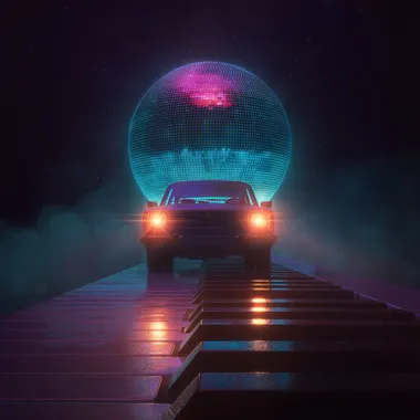Synthwave Car on Piano Rolls with Disco Ball Synthwave Car on Piano Rolls with Disco Ball