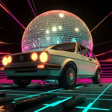 Synthwave Car on Piano Rolls with Disco Ball Synthwave Car on Piano Rolls with Disco Ball