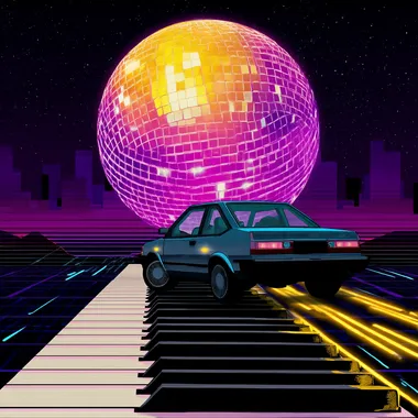 Synthwave Car on Piano Rolls with Disco Ball Synthwave Car on Piano Rolls with Disco Ball