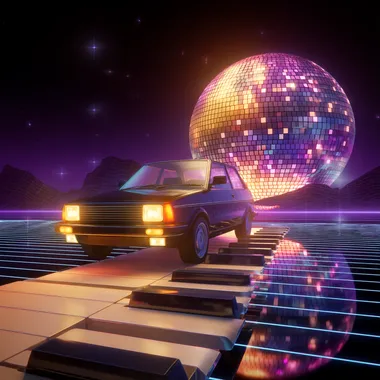 Synthwave Dreamscape: Car on Piano with Disco Ball Synthwave Dreamscape: Car on Piano with Disco Ball