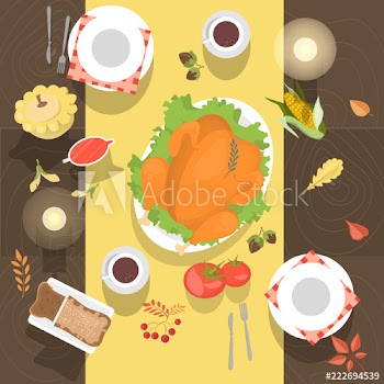 Table with the chicken and bread top view