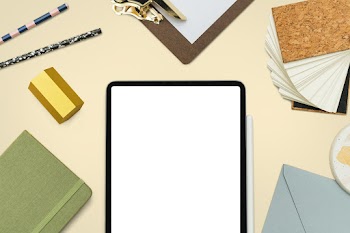 Tablet screen with stationery tools student… | Free stock photo | High Resolution image