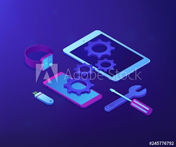 Tablet, smartphone and smartwatch with gears and tools need repair