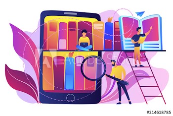 Tablet with bookshelves and students searching and reading information