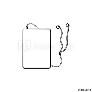 Tablet with headphones hand drawn outline doodle icon