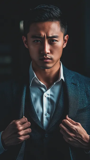 Taiwanese CEO in navy suit adjusting tie against black background Taiwanese CEO in navy suit adjusting tie against black background