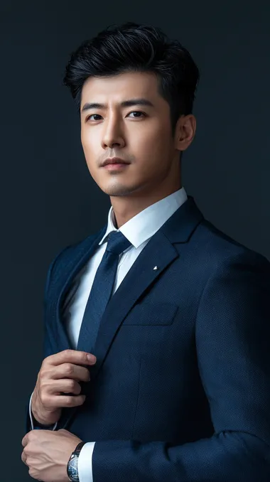 Taiwanese CEO in Navy Suit Poses Against Black Background, Warm Light Taiwanese CEO in Navy Suit Poses Against Black Background, Warm Light