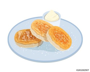 Tasty pancakes, oladyi or syrniki lying on plate with sour cream isolated on white background