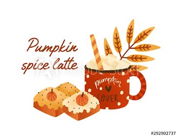 Tasty pumpkin spice latte in cute red cup with sweet biscuits