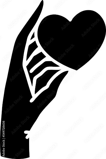 tattoo in black outline style of a hand holding a heart