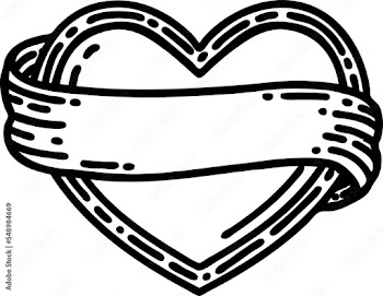 tattoo in black outline style of a heart and banner