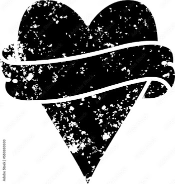 tattoo in black outline style of a heart and banner