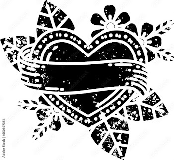 tattoo in black outline style of a heart and banner