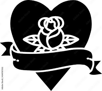 tattoo in black outline style of a heart rose and banner