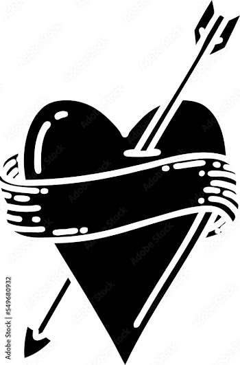 tattoo in black outline style of an arrow heart and banner