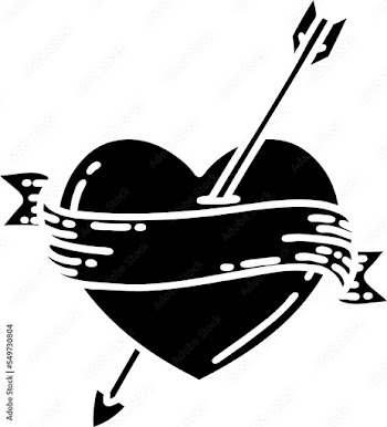 tattoo in black outline style of an arrow heart and banner