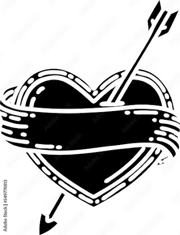tattoo in black outline style of an arrow heart and banner
