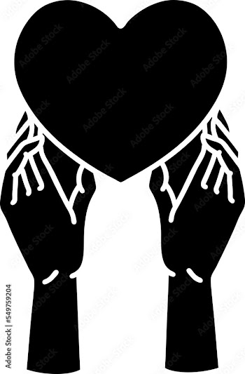 tattoo in black outline style of hands reaching for a heart