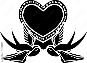 tattoo in black outline style of swallows and a heart