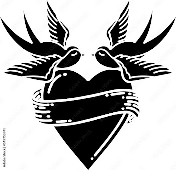 tattoo in black outline style of swallows and a heart with banner