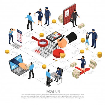 Tax inspection flowchart isometric elements with online declarations collecting corporate and private taxpayers contributions vector illustration Free Vector