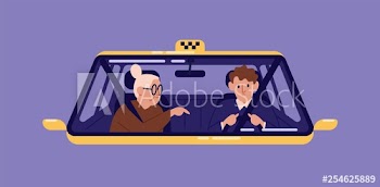 Taxi driver and elderly woman sitting in front seat of cab and talking to him seen through windscreen