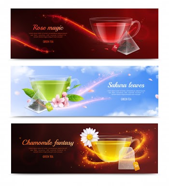 Tea brewing bag realistic banner set with rose magic sakura leaves and chamomile fantasy headlines vector illustration Free Vector