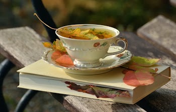 Tea Cup Served With Full Tea Placed on a Saucer and on Top of a White Hard Cover Book