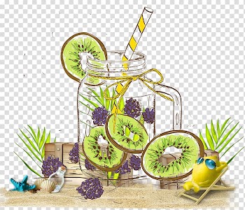 Tea Juice Fruit Food Drink, Hand painted kiwi mulberry lemon beach background transparent background PNG clipart