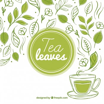 Tea leaves background with tea cup Free Vector