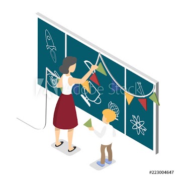 Teacher and child decorate chalkboard with colorful flags
