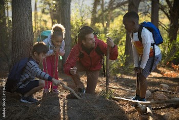 Teacher and kids examining soil