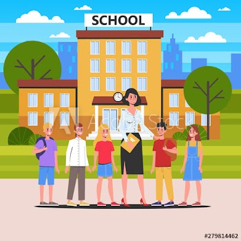 Teacher and pupil standing together in front of the school building