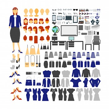 Teacher character set for animation with various views, hairstyle, emotion, pose and gesture. Free Vector