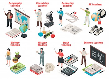 Teachers and school set with biology and geography symbols isolated isometric Free Vector