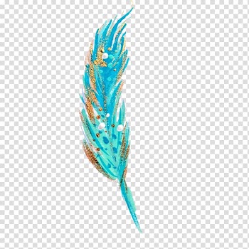 Teal and gold feather , Feather Watercolor painting , Hole magpie feather transparent background PNG clipart