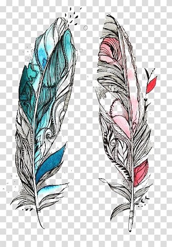 Teal and pink feather illustration, Bird Feather Drawing Tattoo Sketch, feather transparent background PNG clipart