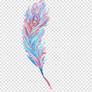 Teal and red leaf illustration, Feather Watercolor painting, Hole magpie feather transparent background PNG clipart