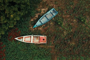 Teal and White Outboard Boats on Green Grass Field