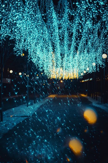 Teal String Light by the Sidewalk