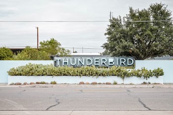 teal wall with Thunderbird signage