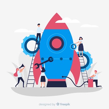 Team building a rocket background Free Vector
