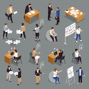 Teamwork efficient collaboration isometric icons collection with interacting unified sharing ideas brainstorming decisions making people Free Vector