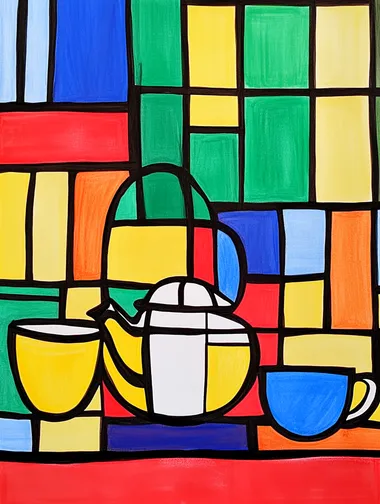 Teapot and Coffee Cups Abstract Art for Living Room in Mondrian Style Teapot and Coffee Cups Abstract Art for Living Room in Mondrian Style