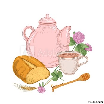 Teapot, cup of tea, bread loaf, honey dipper, clover flowers and cereal ear