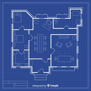Technical drawing of a house with blueprint Free Vector
