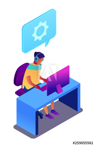 Technical support operator working on computer, tiny people isometric 3D illustration