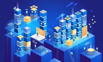 Technology isometric concept. Data network management. Blockchain cryptocurrency elements. Vector illustration