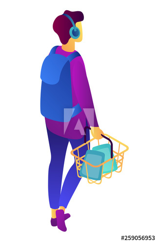 Teenage shopper with shopping basket and headphones listening to music, tiny people isometric 3D illustration